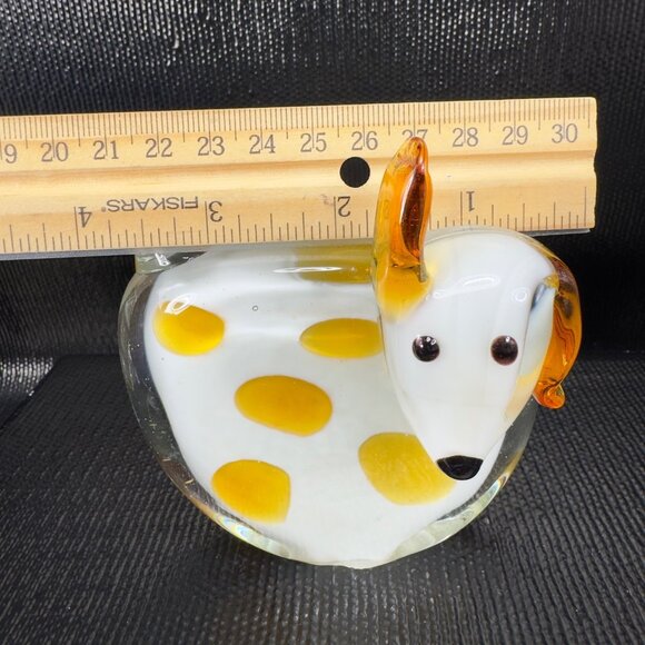 Pier 1 Art Glass Puppy Dog Figurine Paperweight White With Amber Dots Figure VTG - Picture 3 of 11